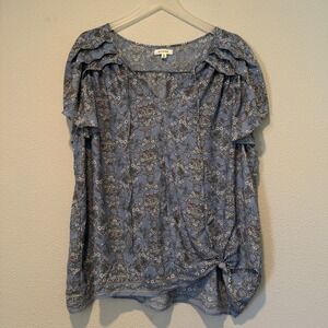 Max Studio Womens 2X Blue Floral Ruffle V-Neck Side Tie Blouse Short Sleeve Top